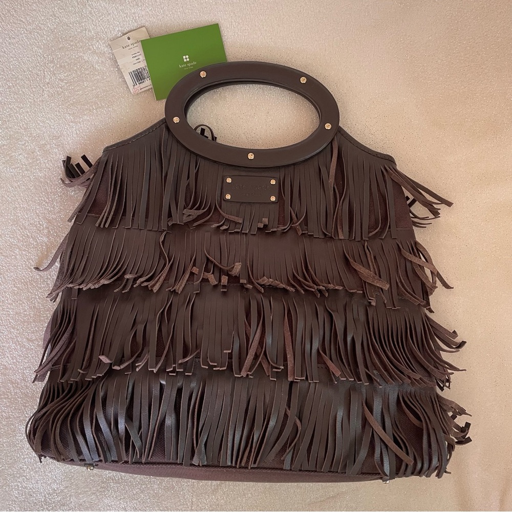 Kate Spade Yuma Ida Leather Canvas Fringe Top Handle Tote in Chocolate ✨